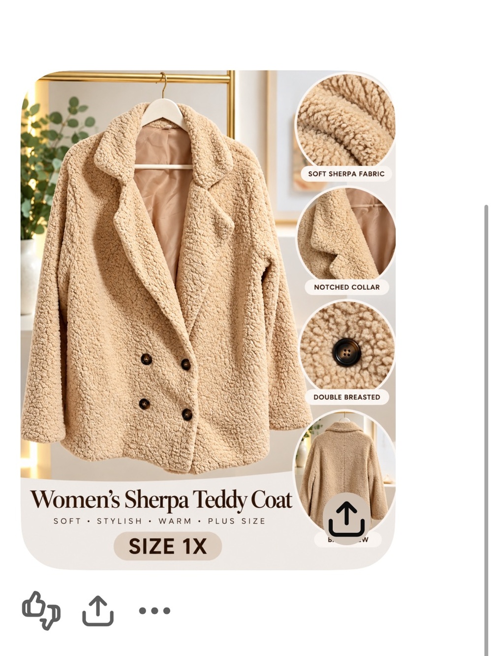 Women's Sherpa Teddy Coat Fleece Jacket Plus Size 1X New without tags.